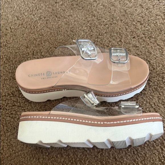 Chinese Laundry White and Brown Platform Sandals with Clear Buckle Straps - Picture 5 of 7